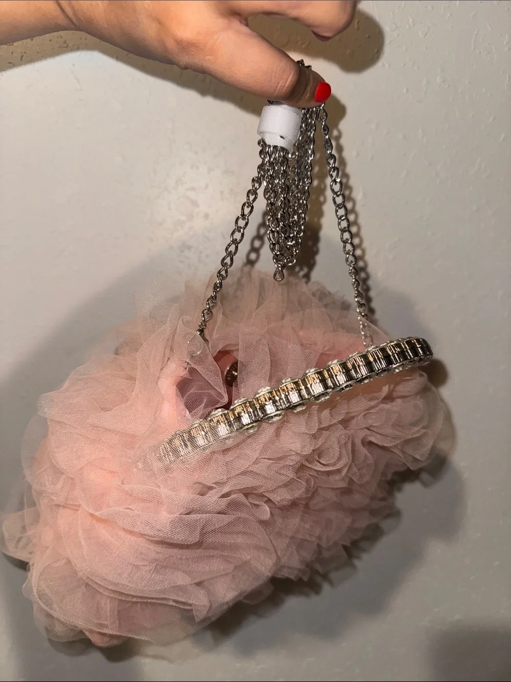 Pink Ruffled Tulle Evening Bag with Crystal Handle